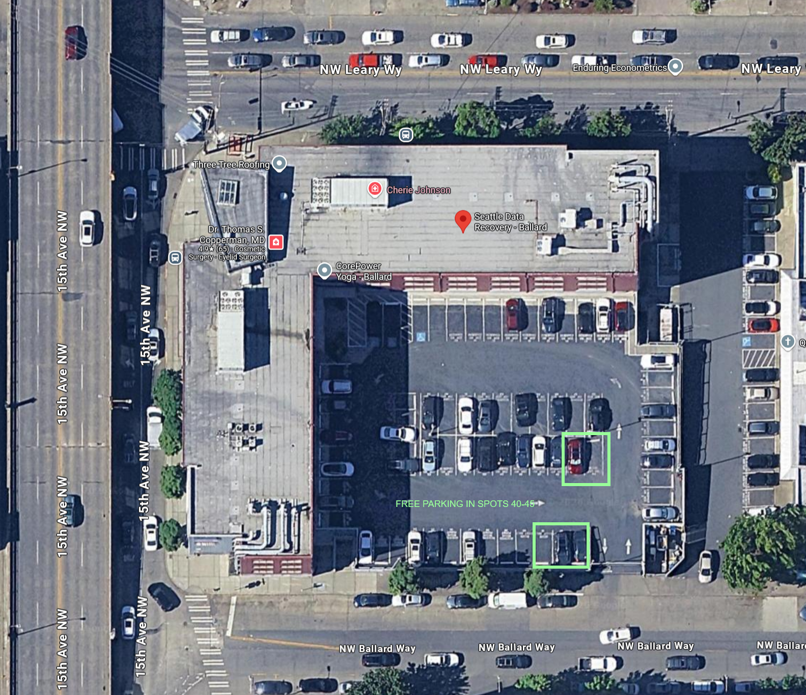 Spaces 40-45 are reserved for Seattle Data Recovery clients, by Regus.