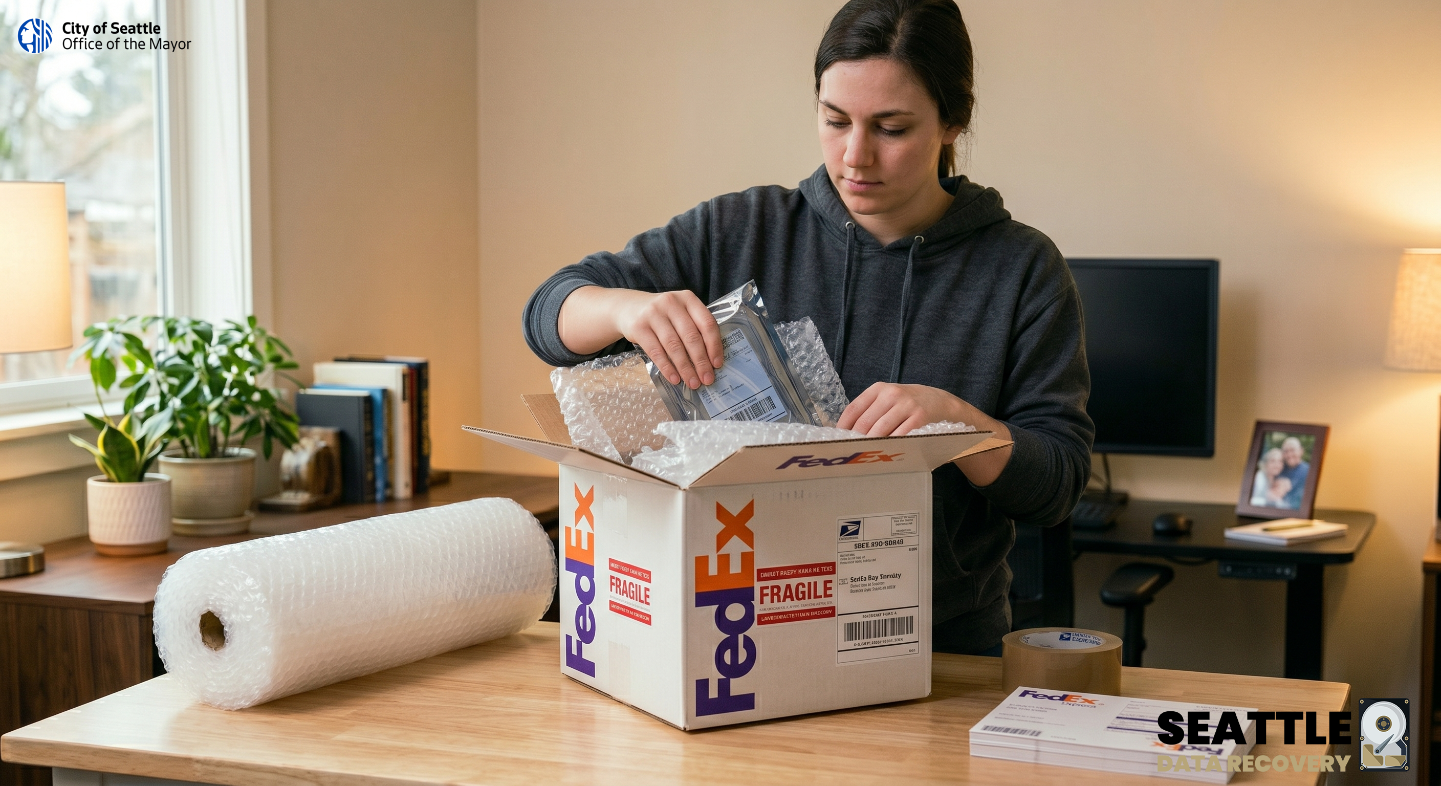 Seattle Mayor Katie Wilson packs a hard drive into a white FedEx shipping box on her home desk, surrounded by packing supplies and FedEx labels.