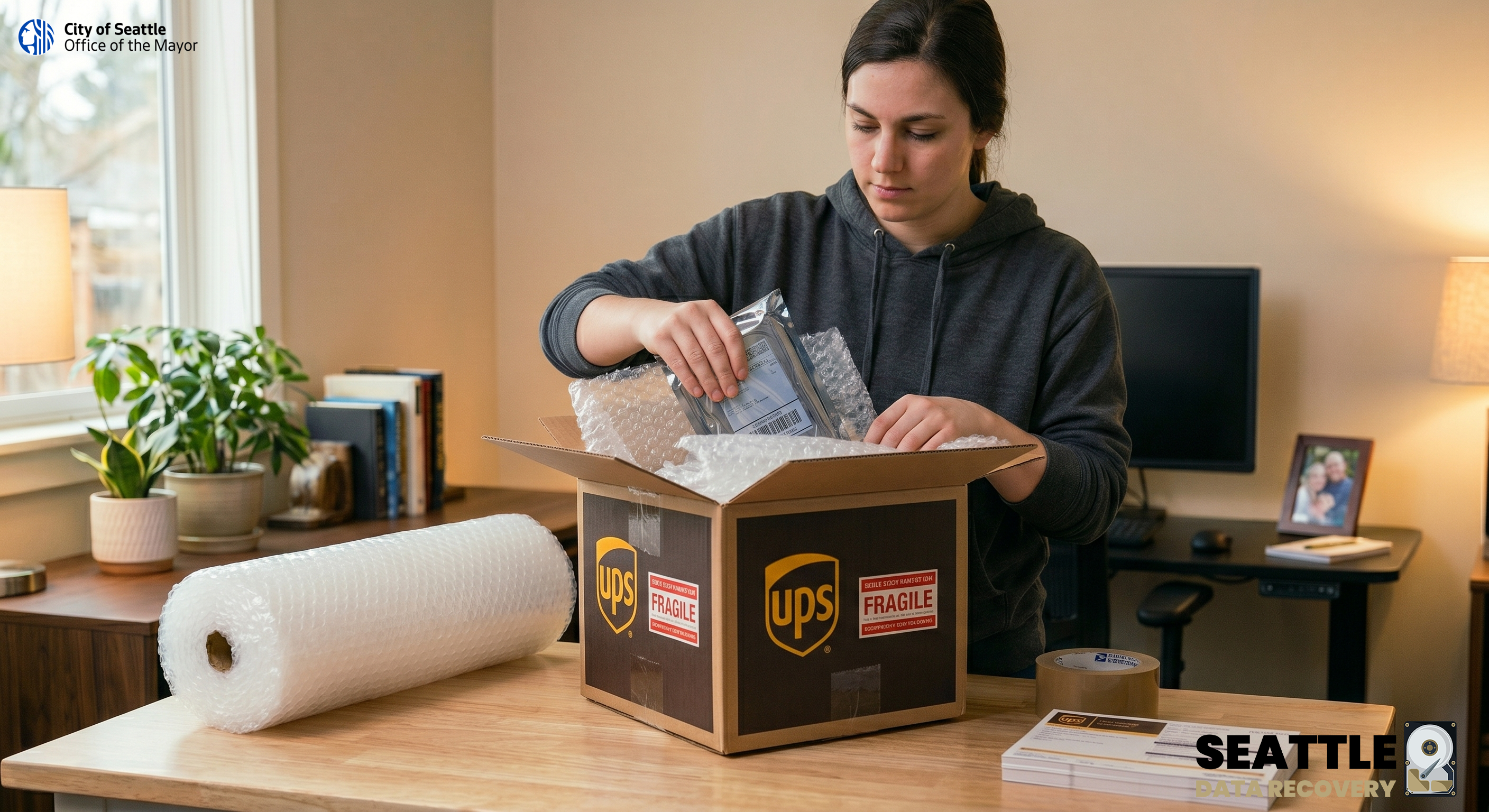 Seattle Mayor Katie Wilson carefully packs a hard drive into a brown UPS box on a wooden desk at home, with bubble wrap and UPS labels ready.