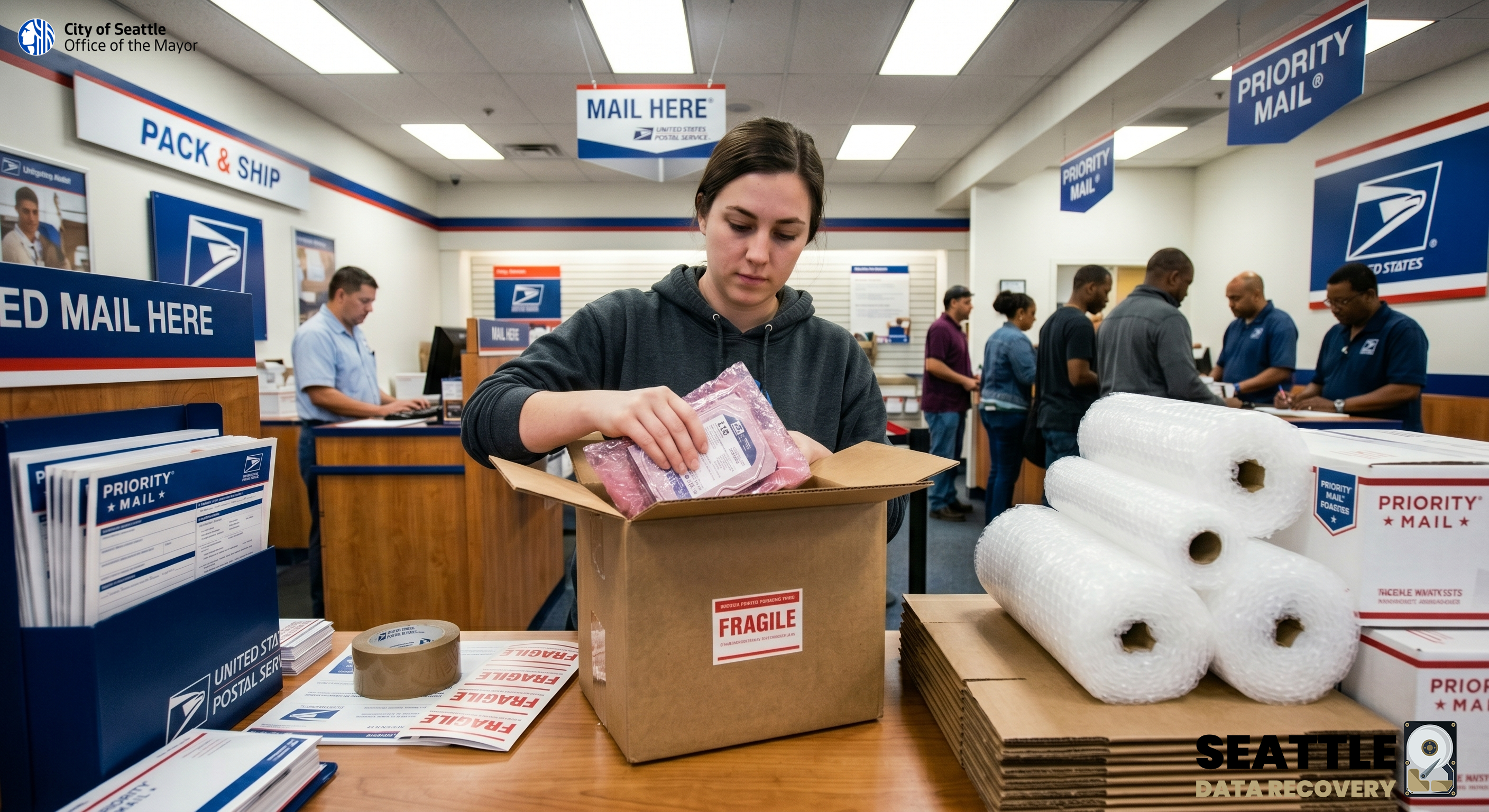 Seattle Mayor Katie Wilson standing at a USPS Post Office retail counter, packing a hard drive securely wrapped in bubble wrap into a shipping box.