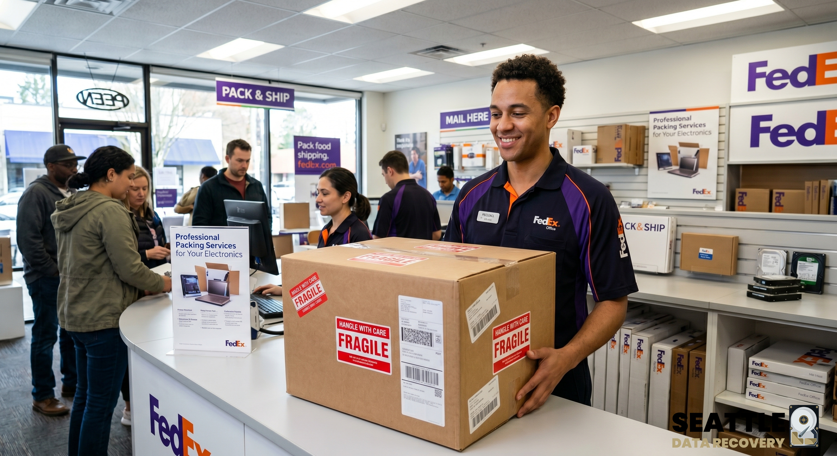 A wide-angle photograph capturing the busy interior of a FedEx Office retail store in Seattle. In the foreground, behind a curved white counter with a large purple FedEx logo, a smiling young male FedEx employee, named "CORY" on his nametag, is holding a large, brown corrugated shipping box. The box is prominently covered in bright red and white stickers reading "FRAGILE," "HANDLE WITH CARE," and "GLASS" on multiple visible faces, along with several shipping labels.